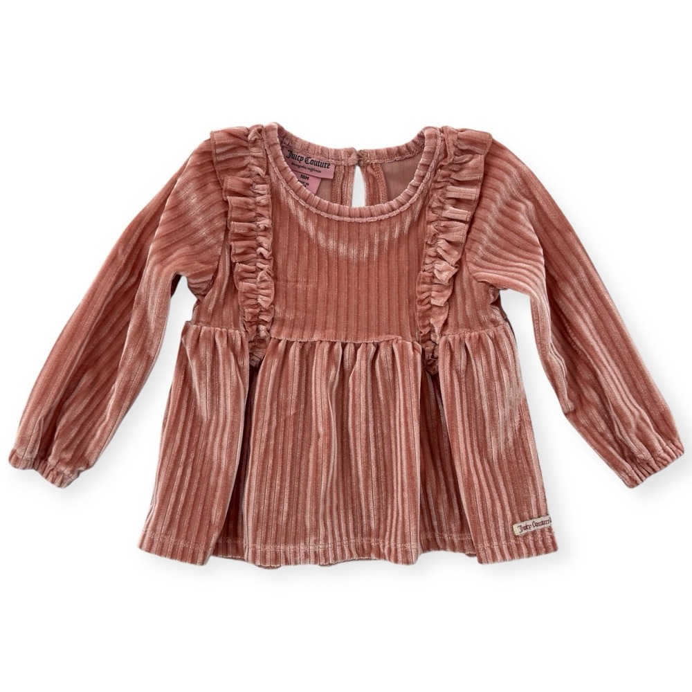 Juicy Couture Top Girls 18M Velvet Ruffle Long Sleeve Peplum Pink Stretch Blouse